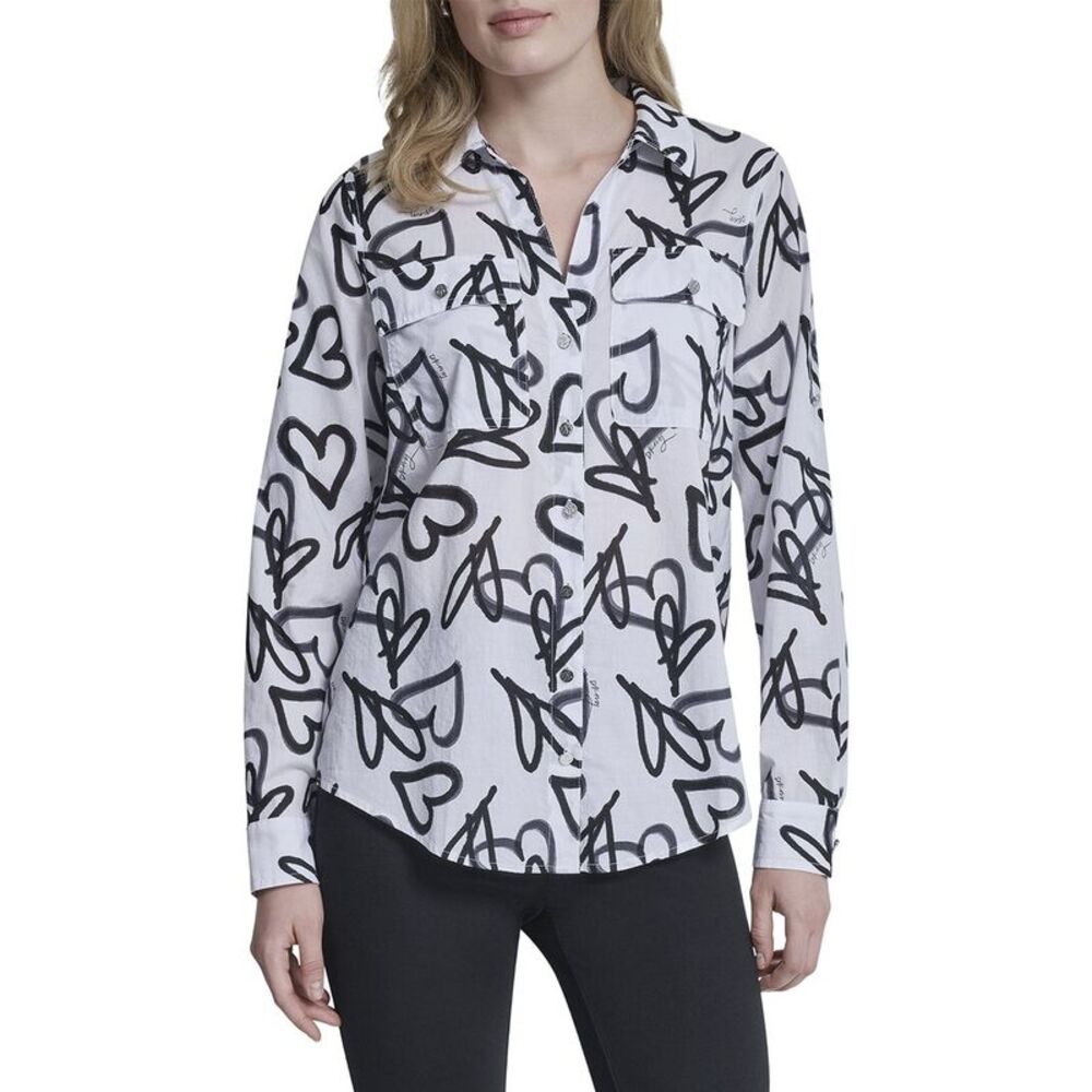 Dkny Womens Printed Roll Tab Shirt, White